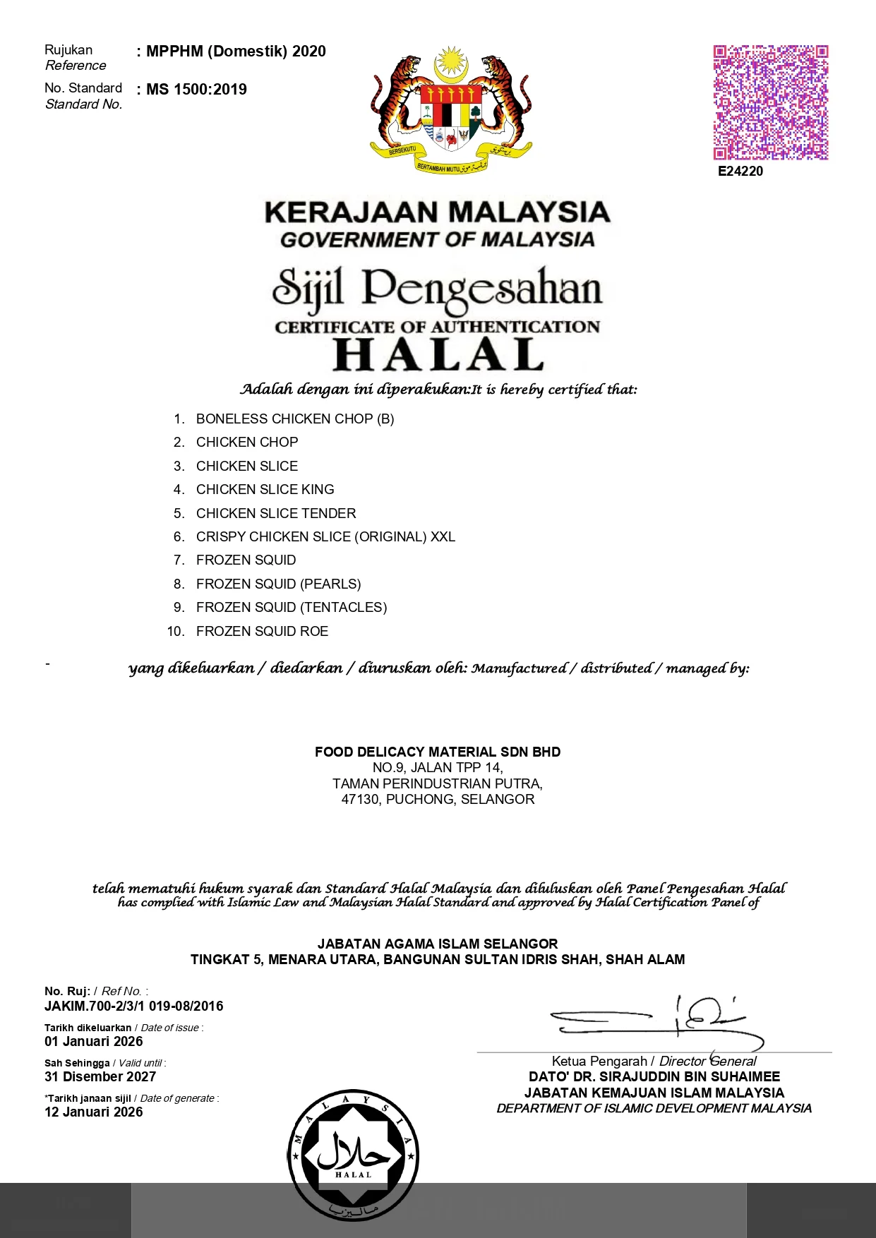 Pensijilan Halal Alis Fried Chicken